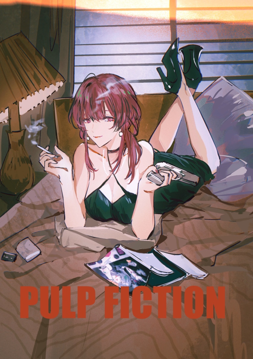 1girl alternate_costume bare_shoulders bed black_dress black_footwear breasts cigarette cleavage closed_mouth collarbone commentary criss-cross_halter d-aprken desk_lamp dress earrings english_text gun halterneck hand_up handgun high_heels highres holding holding_cigarette holding_gun holding_weapon honkai:_star_rail honkai_(series) jewelry kafka_(honkai:_star_rail) lamp large_breasts leg_up lipstick looking_at_viewer lying magazine_(object) makeup medium_breasts medium_hair on_bed on_stomach parody pillow poster_parody pulp_fiction purple_eyes purple_hair sidelocks sleeveless sleeveless_dress smile smoke smoke_trail solo the_pose weapon window window_blinds