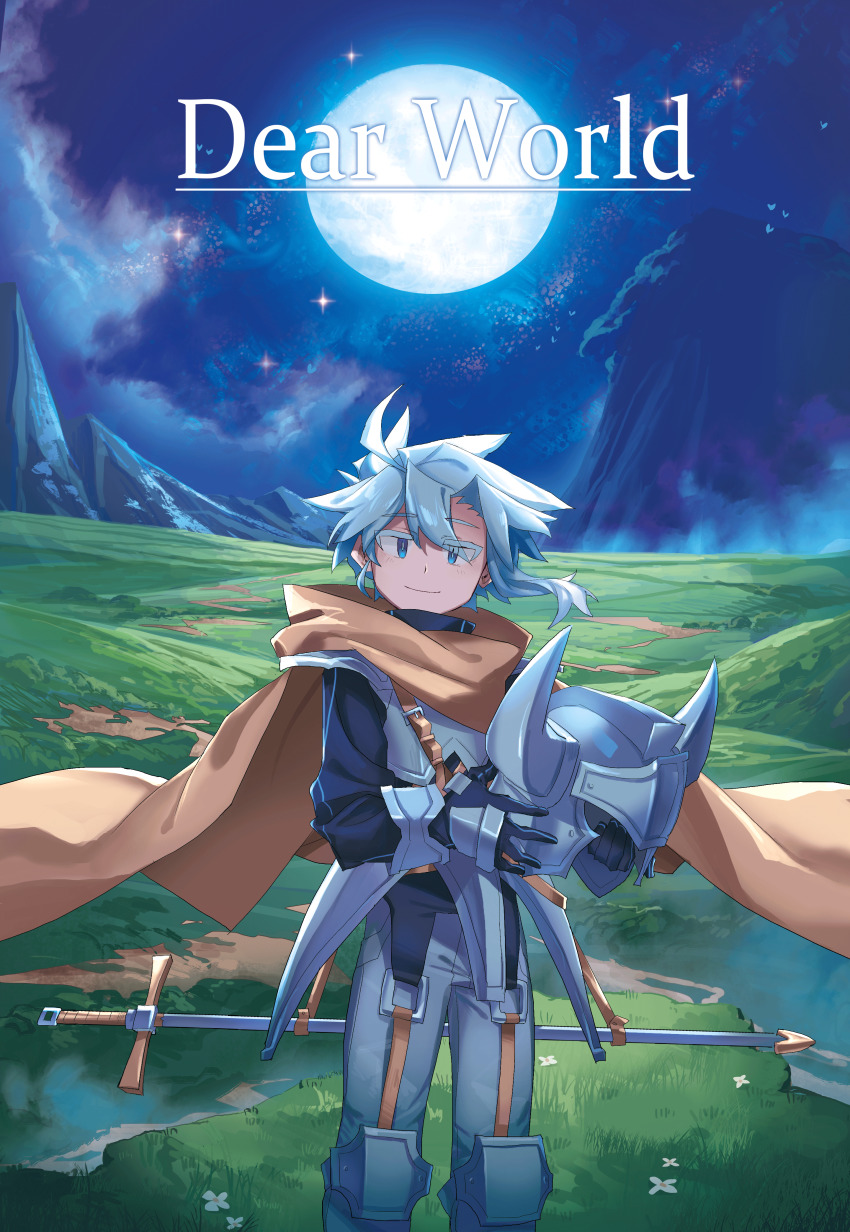 1girl absurdres armor bad_id bad_pixiv_id black_gloves black_shirt blue_eyes blue_moon breastplate cape cloud english_text eyes_visible_through_hair fake_horns faulds flower full_moon gauntlets gloves grass grey_pants hair_between_eyes unworn_headwear helmet unworn_helmet highres holding holding_helmet horned_helmet horns knee_guards looking_at_viewer meadow moon moonlight mountain nature night night_sky original outdoors pants pauldrons scenery sheath sheathed shichigatsu shirt short_hair shoulder_armor silver_hair sky smile solo standing star_(sky) starry_sky sword valley weapon yellow_cape
