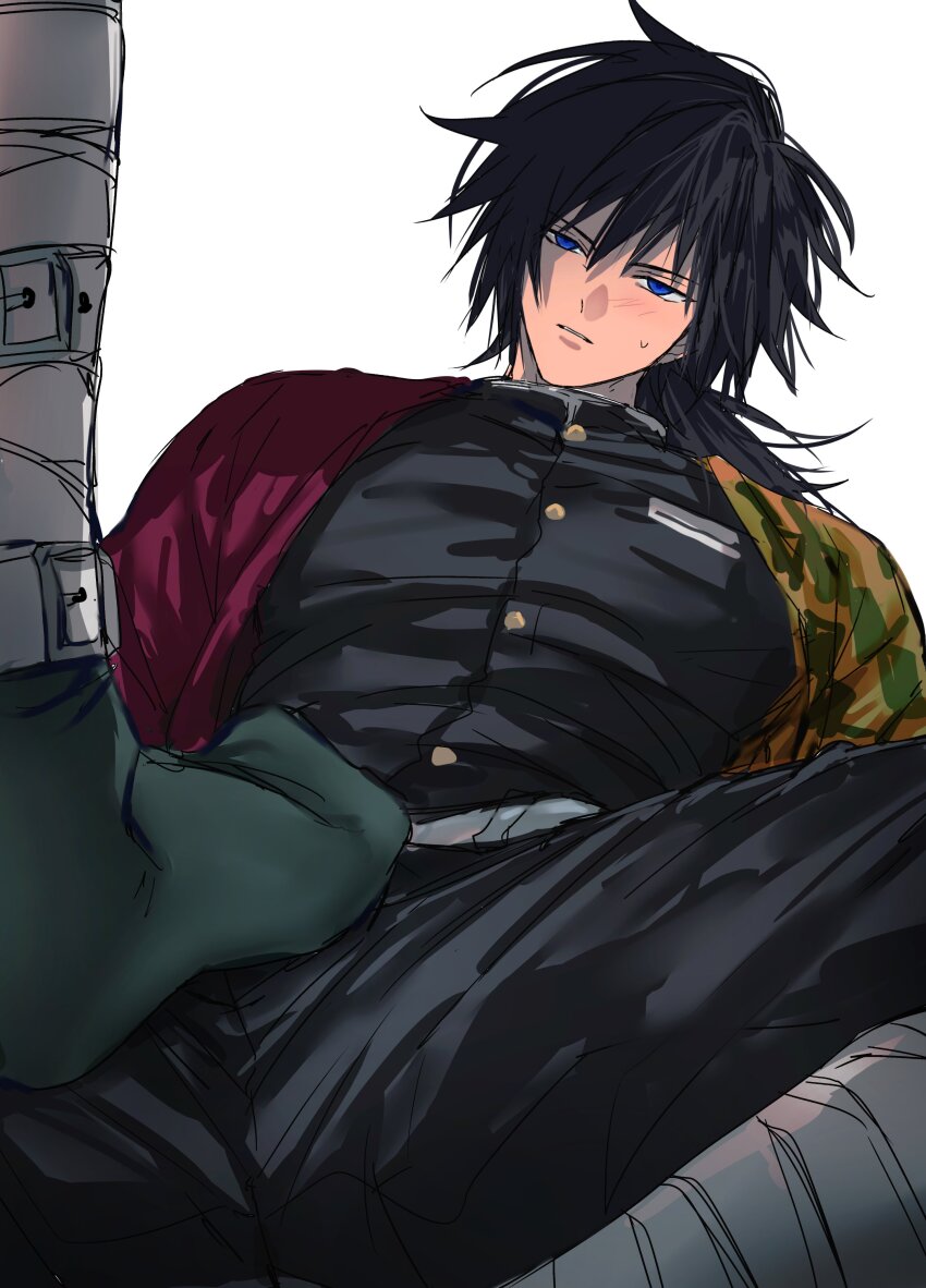 1boy absurdres b_bcollector belt black_hair black_jacket black_pants blue_eyes blush buttons demon_slayer_uniform gold_buttons haori high_collar highres jacket japanese_clothes kimetsu_no_yaiba long_hair low_ponytail male_focus pants parted_lips ponytail red_haori simple_background socks solo_focus spiked_hair sweatdrop teeth tomioka_giyuu white_background white_belt