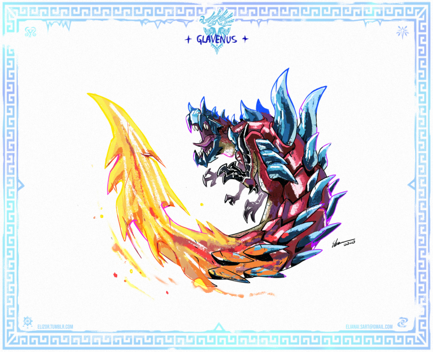 border character_name dated dragon eliz0r email_address glavenus highres monster monster_hunter:_world monster_hunter_(series) monster_hunter_world:_iceborne no_humans open_mouth signature simple_background tumblr_username