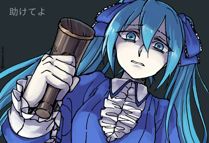 1girl aqua_eyes bags_under_eyes clenched_teeth clockworker&#039;s_doll evillious_nendaiki female_focus frilled_sleeves frills from_below gavel hair_ribbon hatsune_miku highres houtei_no_nushi looking_down nervous pale_skin ribbon rooomi scared solo teeth twintails twitter_username victorian vocaloid