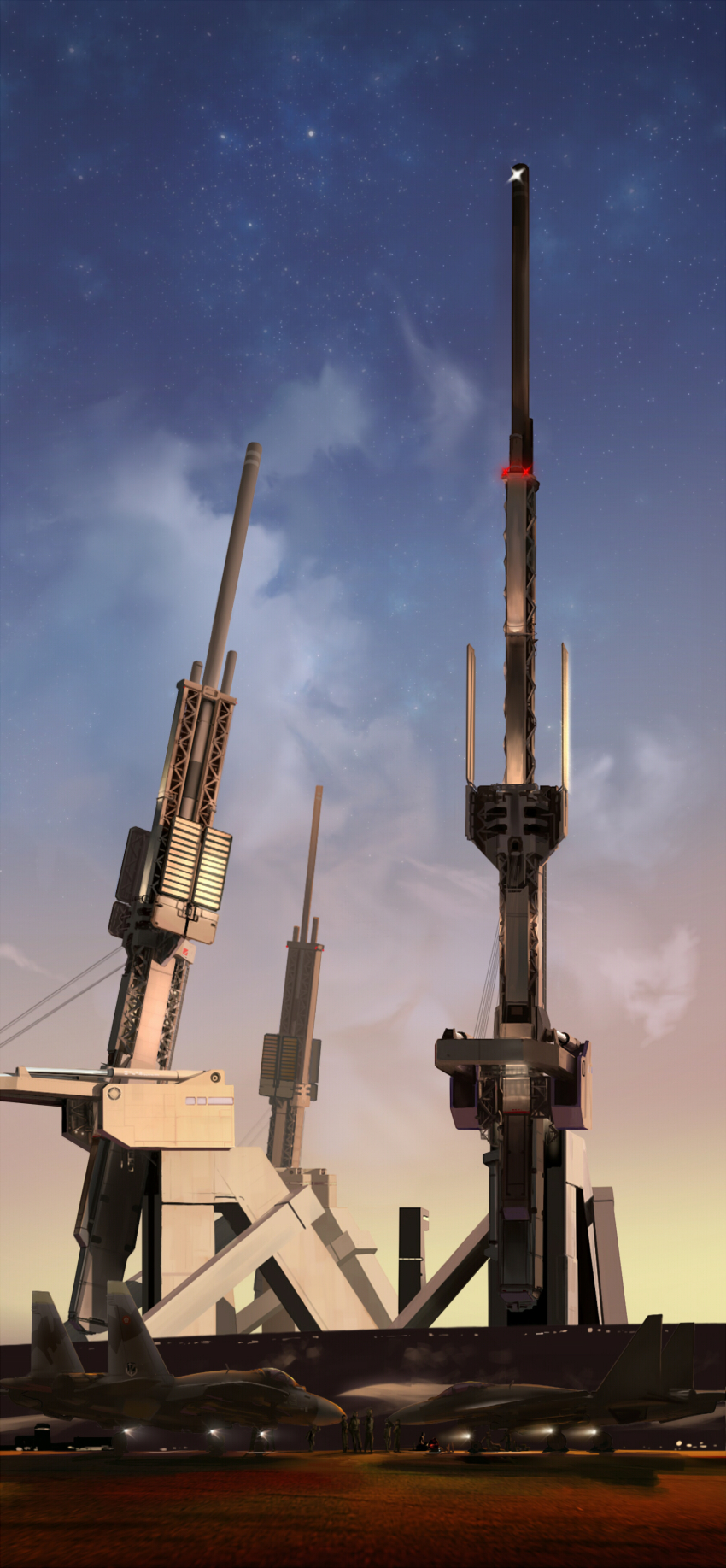 absurdres ace_combat ace_combat_04 aircraft airplane cloud cockpit commentary_request confin dusk emblem fighter_jet highres in-universe_location jet_engine landing_gear lights magnetic_weapon military military_vehicle multiple_boys outdoors pilot_suit railgun runway shadow sky spirit_chiasma star_(sky) starry_sky stonehenge_(ace_combat) su-37 yellow_13