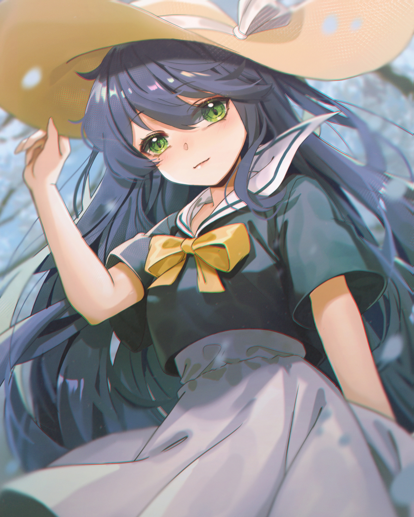 1girl absurdres blue_hair brown_hat chromatic_aberration commission daikazoku63 green_eyes hair_between_eyes hat highres izumi_kanata light_smile long_hair looking_at_viewer lucky_star sailor_collar school_uniform short_sleeves skirt solo white_sailor_collar white_skirt yellow_neckwear
