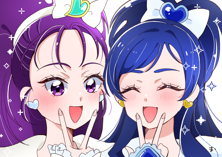 2girls blue_hair blush bow closed_eyes cure_egret cure_white dress earrings futari_wa_precure futari_wa_precure_max_heart futari_wa_precure_splash_star gold_earrings hair_bow hair_ornament hair_ribbon hairband heart heart_earrings heart_hair_ornament high_ponytail highres jewelry long_hair magical_girl matsu_(horoyoitaina) mishou_mai multiple_girls open_mouth ponytail precure purple_eyes purple_hair ribbon signature smile upper_body v very_long_hair white_bow white_dress white_hairband white_ribbon yukishiro_honoka