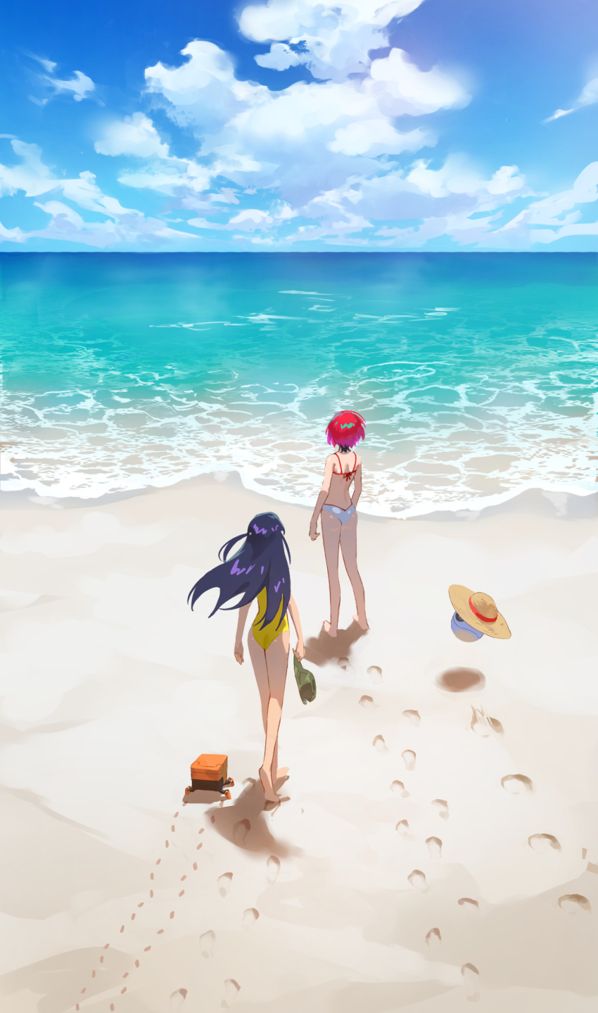2girls absurdres amate_yuzuriha ass bare_arms bare_legs bare_shoulders barefoot beach bikini blue_sky cloud cloudy_sky commentary conch_(gundam) day facing_away feet floating_hair footprints from_behind gundam gundam_gquuuuuux haro hashtag-only_commentary hat highres holding holding_unworn_clothes holding_unworn_hat horizon long_hair looking_afar multiple_girls non-humanoid_robot nyaan_(gundam_gquuuuuux) ocean one-piece_swimsuit outdoors purple_hair robot sand shore short_hair sky standing straw_hat sun_hat swimsuit unworn_hat unworn_headwear very_long_hair walking water white_bikini yellow_one-piece_swimsuit zonotaida