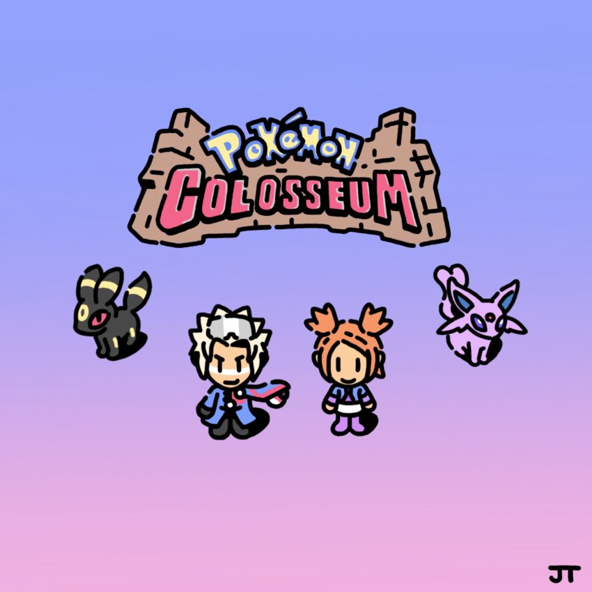 1boy 1girl black_boots blue_coat blue_jacket boots chibi chibi_only closed_mouth coat commentary copyright_name english_commentary espeon eyewear_on_head facial_mark gen_2_pokemon gradient_background grey_hair highres jacket james_turner logo nintendo orange_hair pokemon pokemon_(creature) pokemon_colosseum purple_boots red_eyes rui_(pokemon) short_hair short_twintails signature simple_background skirt smile spiked_hair sunglasses twintails umbreon wes_(pokemon) white_skirt