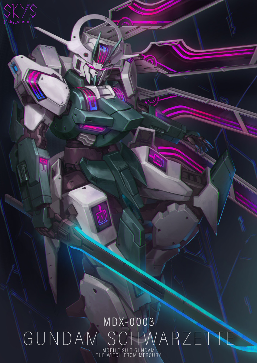 absurdres character_name copyright_name eye_trail glowing glowing_eyes gundam gundam_schwarzette gundam_suisei_no_majo highres holding holding_sword holding_weapon horns light_trail looking_at_viewer mecha mobile_suit no_humans open_hand purple_eyes robot science_fiction sky_(sky_sheno) solo sword twitter_username weapon