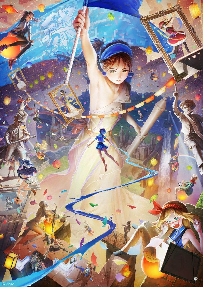 6+boys 6+girls absurdres arm_up armpits blonde_hair blue_hair bow braid brown_hair candy egasumi fine_art_parody flag food glasses green_eyes gun hairband hat highres liberty_leading_the_people lips lollipop long_hair multiple_boys multiple_girls nababa open_mouth original parody parted_lips pixiv pleated_skirt ponytail skirt statue surreal weapon
