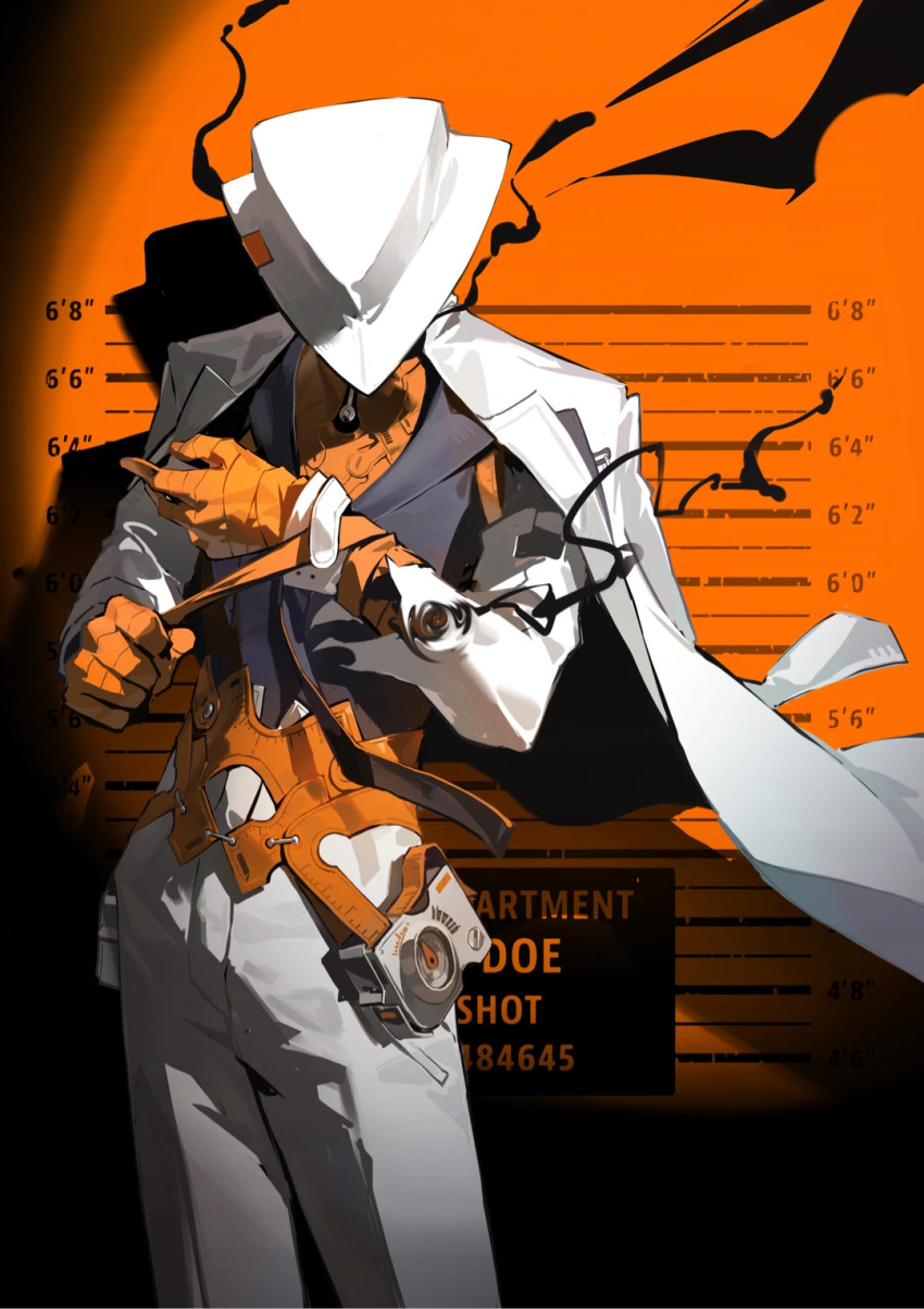 1other bandaged_hand bandages black_shirt coat coat_on_shoulders cowboy_shot group_leader_(xinyue_tongxing) hands_up hat height_mark highres jiu_ye_sang orange_background pants shirt solo spotlight white_coat white_hat white_pants xinyue_tongxing