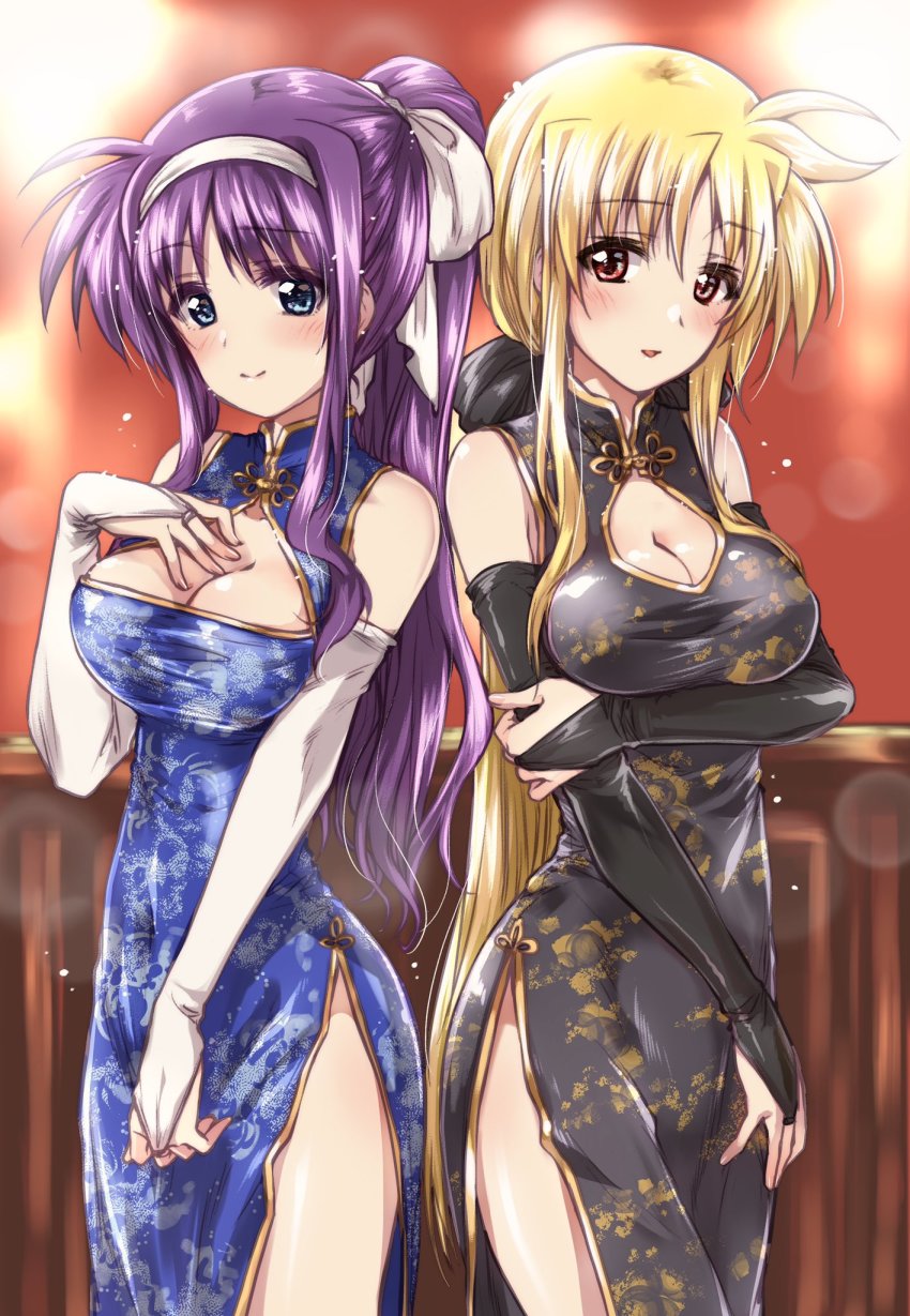 2girls arm_grab black_bow black_dress black_gloves blonde_hair blue_dress blue_eyes blurry blush bokeh bow breasts bridal_gauntlets china_dress chinese_clothes cleavage cleavage_cutout closed_mouth clothing_cutout commentary_request covered_navel depth_of_field dress fate_testarossa gloves hair_bow hair_ribbon hairband hand_on_own_chest high_collar highres indoors kuroi_mimei large_breasts long_hair looking_at_viewer lyrical_nanoha mahou_shoujo_lyrical_nanoha_strikers medium_breasts multiple_girls parted_lips print_dress purple_hair red_eyes ribbon side-by-side side_slit sidelocks sleeveless sleeveless_dress smile standing tsukimura_suzuka very_long_hair white_gloves white_hairband white_ribbon
