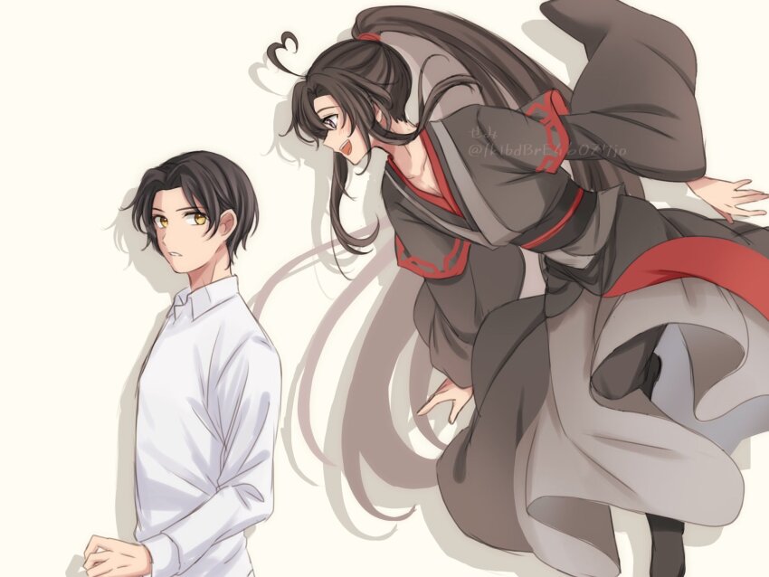 2boys :d ahoge alternate_costume alternate_hair_length alternate_hairstyle alternate_universe black_boots black_hair black_hanfu boots brown_hair chinese_clothes collared_shirt floating from_side hanfu heart heart_ahoge highres lan_wangji long_hair long_sleeves looking_at_another male_focus modao_zushi multiple_boys open_mouth parted_lips ponytail profile purple_eyes robe sash semiusa1010 shadow shirt short_hair sidelocks simple_background smile standing twitter_username very_long_hair watermark wei_wuxian white_background white_shirt wide_sleeves yaoi yellow_eyes