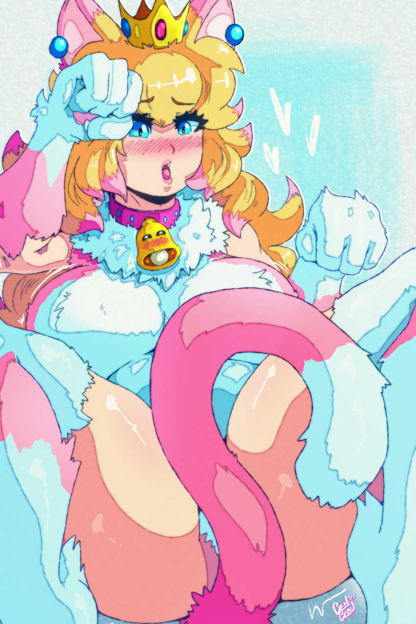 1girl animal_ears benbeau blonde_hair blue_background blue_eyes blush breasts cat_ears cat_peach cat_tail gloves highres large_breasts leotard long_hair mario_(series) multicolored_hair nintendo open_mouth paw_gloves pink_hair princess_peach sitting solo spread_legs super_mario_3d_world tail two-tone_hair