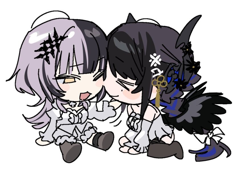 &gt;_&lt; 2girls black_hair black_horns black_shoes black_wings blunt_bangs blush cheek-to-cheek chibi chibi_only demon_horns dress feathered_wings flower frilled_dress frills hair_ornament heads_together hololive hololive_english horn_flower horns long_hair low_wings multicolored_hair multiple_girls nerissa_ravencroft one_eye_closed shiori_novella shoes sitting split-color_hair tassel tassel_hair_ornament white_dress white_hair wings yellow_eyes yomosaka