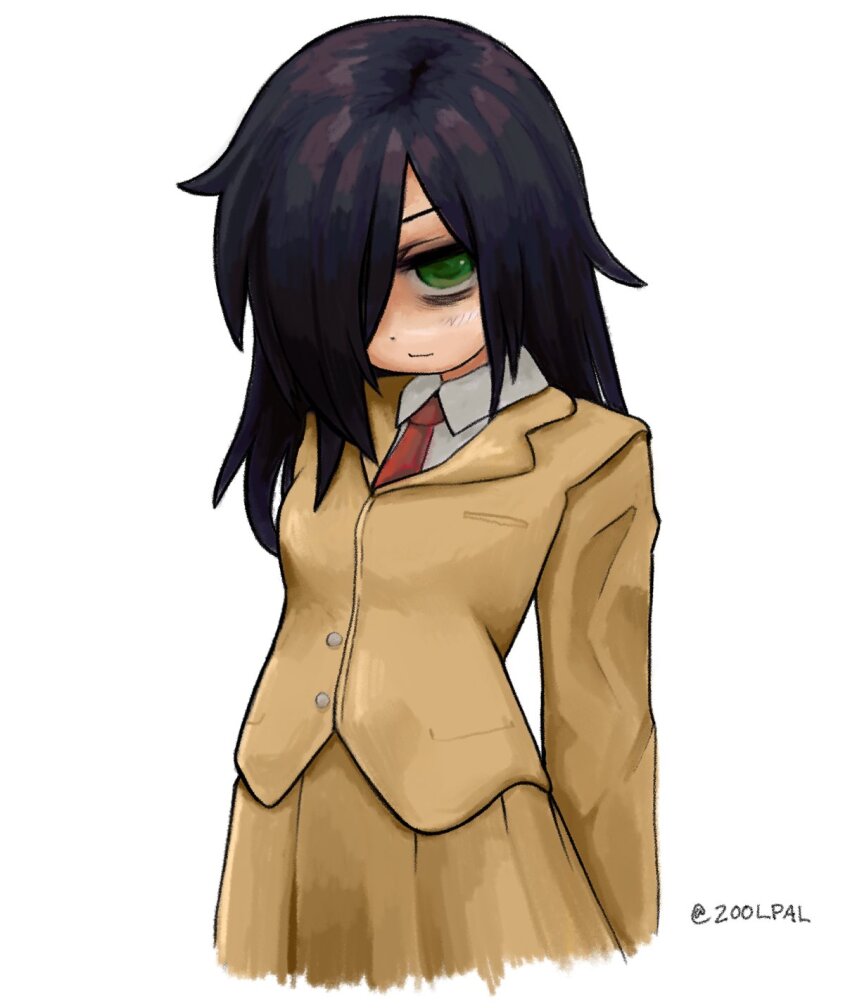 1girl arms_behind_back artist_name bags_under_eyes blazer blush breasts closed_mouth collared_shirt commentary cropped_legs dress_shirt english_commentary green_eyes hair_over_one_eye highres jacket kuroki_tomoko light_blush light_smile long_hair looking_at_viewer messy_hair necktie pleated_skirt red_necktie school_uniform shirt signature simple_background skirt small_breasts smile solo standing swept_bangs twitter_username upturned_eyes watashi_ga_motenai_no_wa_dou_kangaetemo_omaera_ga_warui! white_background white_shirt yellow_jacket yellow_skirt zoolpal