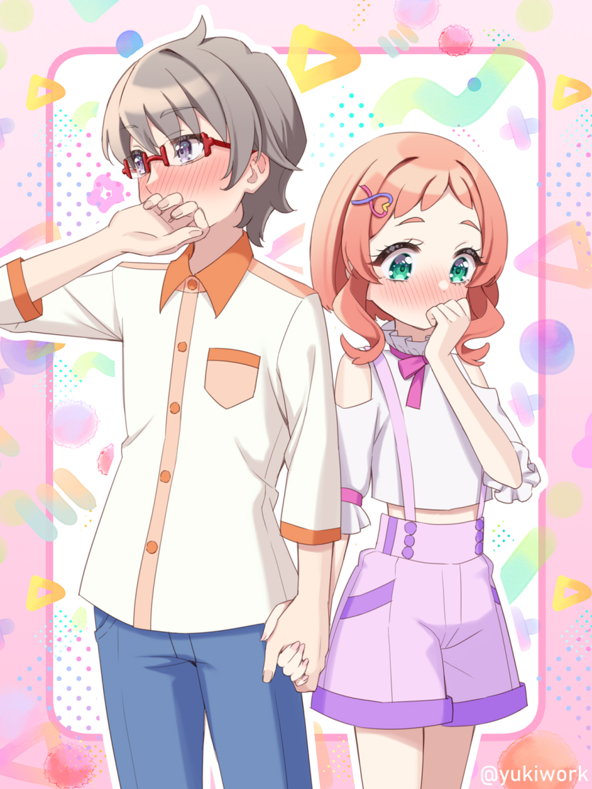 1boy 1girl blue_pants blush brown_hair buttons collared_shirt detached_sleeves glasses green_eyes hair_ornament hairclip highres holding_hands inukai_iroha medium_hair neck_ribbon overalls pants pink_hair pink_ribbon precure purple_eyes purple_overalls red-framed_eyewear ribbon semi-rimless_eyewear shirt short_hair toyama_satoru twitter_username white_shirt wonderful_precure! yukinko_(yukiwork)