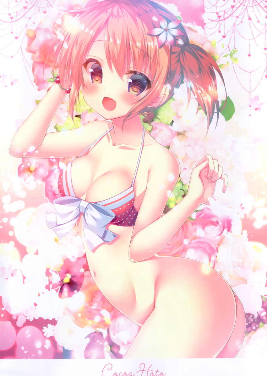 1girl :d absurdres ass bikini bikini_top_only bottomless bow breasts brown_eyes brown_hair character_name cleavage collarbone cowboy_shot female_focus flower gochuumon_wa_usagi_desu_ka? hair_between_eyes hair_flower hair_ornament highres hoto_cocoa looking_at_viewer medium_breasts mitsumomo_mamu navel open_mouth polka_dot polka_dot_bikini polka_dot_bikini_top red_bikini short_hair smile solo swimsuit twintails twisted_torso white_bow