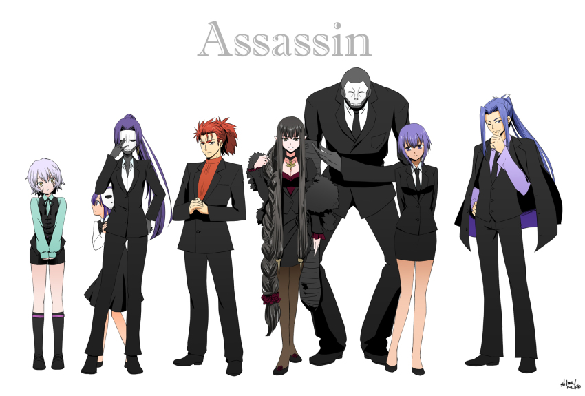 10s 3boys 5girls alternate_costume assassin_(fate/zero) bandaged_arm bandages black_hair black_skin bowing braid braiding_hair business_suit child_assassin_(fate/zero) colored_skin cracking_knuckles fate/apocrypha fate/extra fate/grand_order fate/hollow_ataraxia fate/prototype fate/prototype:_fragments_of_blue_and_silver fate/stay_night fate/strange_fake fate/zero fate_(series) female_assassin_(fate/zero) formal_clothes hairdressing hassan_of_serenity_(fate) hassan_of_the_cursed_arm_(fate) highres jack_the_ripper_(fate/apocrypha) jacket jacket_on_shoulders jewelry li_shuwen_(fate) li_shuwen_(young)_(fate) lineup long_hair mask matching_outfits multiple_boys multiple_girls necklace pantyhose pointy_ears ponytail purple_hair red_hair sasaki_kojirou_(fate) semiramis_(fate) shimaneko skull_mask standing suit tall very_long_hair yellow_eyes