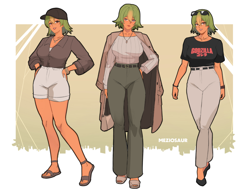 1girl absurdres alternate_costume artist_name bag baseball_cap belt black_belt black_shirt black_shoes blonde_hair bracelet breasts brown_hat brown_shirt cleavage collarbone collared_shirt eyewear_on_head fire_emblem fire_emblem_heroes green_background green_hair green_pants grey_pants grey_shorts hair_between_eyes hand_on_own_hip handbag hat high-waist_pants high-waist_shorts highres holding holding_bag jacket jacket_on_shoulders jewelry laegjarn_(fire_emblem) large_breasts long_sleeves meziosaur multicolored_hair necklace nintendo pants sandals shirt shoes short_hair shorts smile solo standing streaked_hair sunglasses t-shirt teeth white_background