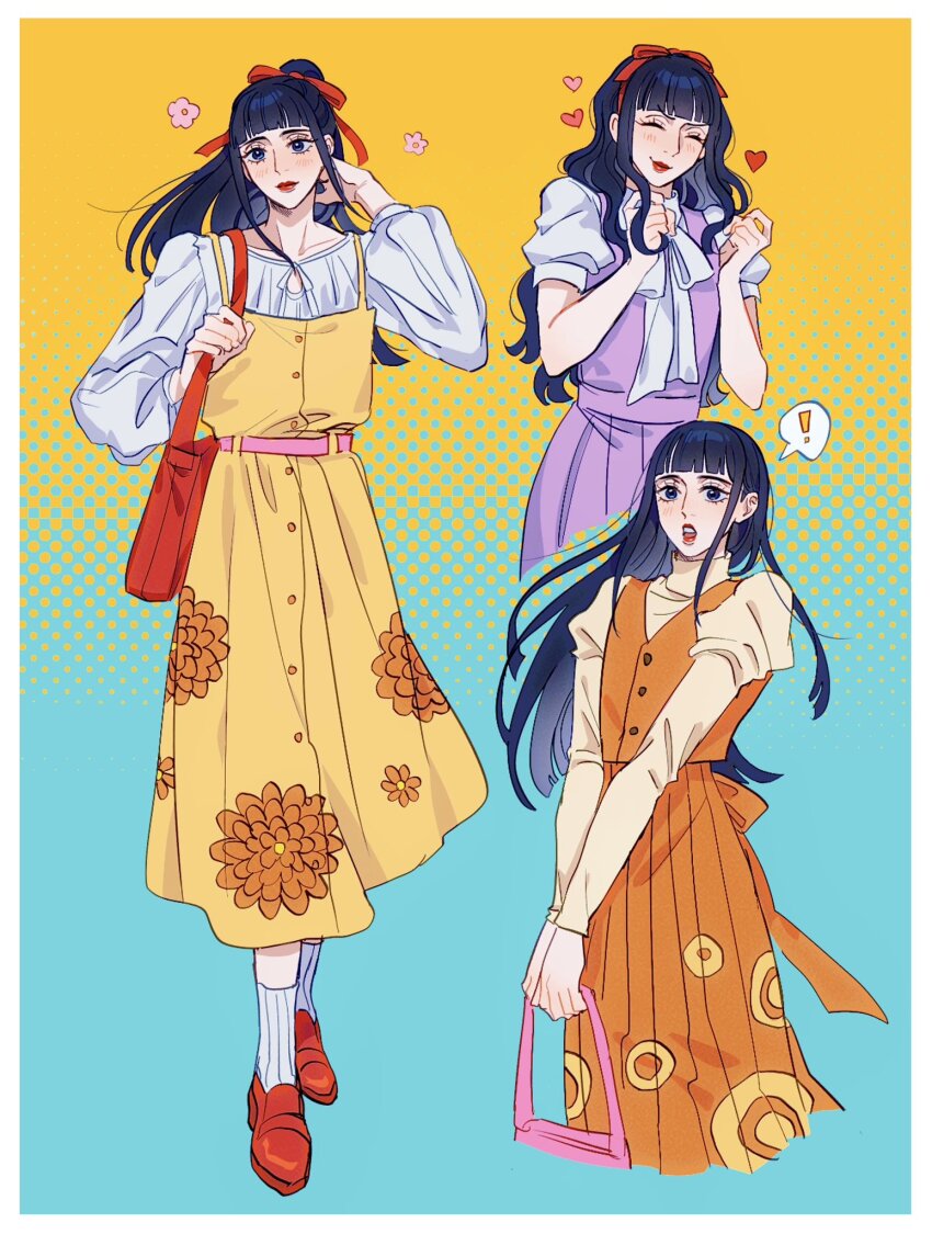 ! 1girl ^_^ alternate_costume bag black_hair blue_background blue_eyes blunt_bangs blush casual closed_eyes dress eyelashes flower hair_ribbon hand_in_own_hair hands_up heart highres holding holding_bag juliet_sleeves kikunojo_(one_piece) lipstick long_hair long_sleeves makeup multicolored_background multiple_views one_piece orange_dress ponytail puffy_long_sleeves puffy_short_sleeves puffy_sleeves purple_dress red_lips red_ribbon ribbon seirorath shirt short_sleeves smile spoken_exclamation_mark two-tone_background v_arms white_shirt yellow_background yellow_dress