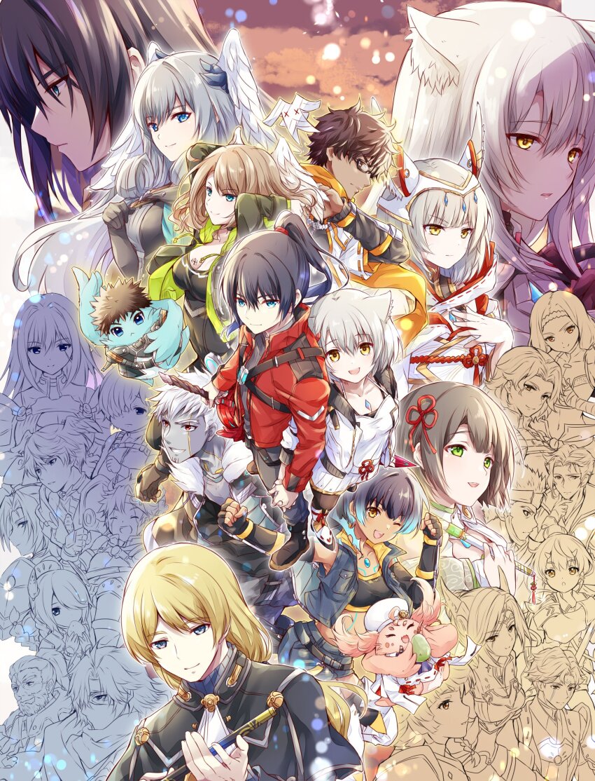 1other 6+boys 6+girls absurdres alexandria_(xenoblade) animal_ears armor ashera_(xenoblade) cammuravi_(xenoblade) cat_ears crys_(xenoblade) dark-skinned_male dark_skin ethel_(xenoblade) eunie_(xenoblade) everyone fiona_(xenoblade) flute ghondor_(xenoblade) glasses gray_(xenoblade) head_wings highres holding_hands instrument isurd_(xenoblade) jacket juniper_(xenoblade) lanz_(xenoblade) looking_at_viewer m_(xenoblade) manana_(xenoblade) melia_antiqua mio_(xenoblade) miyabi_(xenoblade) monica_(xenoblade) multiple_boys multiple_girls n_(xenoblade) nia_(xenoblade) noah_(xenoblade) riku_(xenoblade) segiri_(xenoblade) sena_(xenoblade) smile sword taion_(xenoblade) teach_(xenoblade) triton_(xenoblade) ui_frara valdi_(xenoblade) weapon wings xenoblade_chronicles_(series) xenoblade_chronicles_3 zeon_(xenoblade)