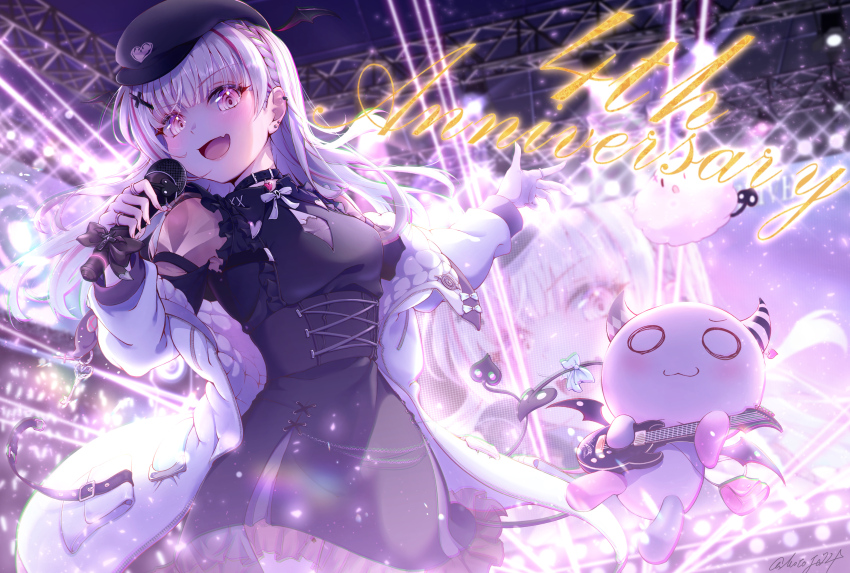 1girl :d absurdres anniversary asumi_sena asumi_sena_(3rd_costume) audience beret black_collar black_corset black_dress black_hat bow bowtie braid breasts cleavage collar concert corset cross_hair_ornament crown_braid demon demon_tail dress earrings extra_tails fang frilled_dress frills glowstick grey_bow grey_bowtie grey_hair hair_ornament hat heart_collar highres holding holding_microphone jacket jewelry lens_flare long_hair long_sleeves looking_at_viewer mascot medium_breasts microphone motoja_72p multicolored_hair multiple_rings music off_shoulder open_clothes open_jacket open_mouth petticoat pink_eyes pink_hair pink_nails playing_guitar playing_instrument quilted_jacket ring screen see-through_clothes see-through_sleeves singing skin_fang smile sparkle stage stage_lights streaked_hair stud_earrings tail undershirt virtual_youtuber vspo! white_jacket