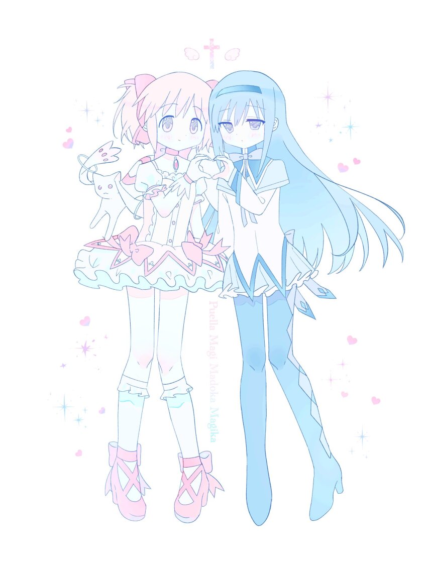 2girls akemi_homura argyle_clothes argyle_footwear black_boots black_hair black_hairband blush boots bow bow_choker bubble_skirt capelet choker copyright_name cross expressionless frilled_skirt frills gloves hair_bow hairband heart heart_hands heart_hands_duo high_heels highres kaname_madoka kyubey light_smile lolita_fashion long_hair mahou_shoujo_madoka_magica mahou_shoujo_madoka_magica_(anime) medium_hair multiple_girls pink_bow pink_eyes pink_hair pink_shoes pleated_skirt puffy_short_sleeves puffy_sleeves purple_bow purple_eyes shoes short_sleeves short_twintails skirt socks soul_gem sparkle twintails white_background white_gloves white_skirt white_socks wings x_x_dame