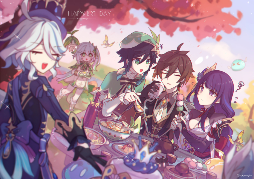 2boys 3girls absurdres ahoge antenna_hair aranara_(genshin_impact) arm_up back_bow black_gloves blue_bow blue_hair blue_hat blunt_bangs blurry blurry_background bottle bow bowl braid braided_bangs breasts bridal_gauntlets brown_hair brown_shirt brown_suit bug butterfly c520gpss cake capelet chinese_clothes chinese_commentary cleavage closed_eyes closed_mouth cloud cloudy_sky collared_shirt confused cup dango depth_of_field dress falling_leaves flying_sweatdrops food formal_clothes frilled_sleeves frills furina_(genshin_impact) genshin_impact gloves grass green_capelet green_dress green_eyes green_hair green_hat hair_ornament hand_up hands_up happy_birthday hat highres holding holding_cup holding_food huge_ahoge insect japanese_clothes large_breasts leaf leaf_hair_ornament leaning_on_person leaning_to_the_side long_braid long_hair long_sleeves looking_at_animal looking_to_the_side looking_up mole mole_under_eye multicolored_clothes multicolored_hair multiple_boys multiple_girls nahida_(genshin_impact) neck_ribbon necktie off_shoulder open_mouth outdoors purple_eyes purple_hair raiden_shogun red_ribbon ribbon shirt short_hair side_ponytail single_braid sitting skewer sky slime_(genshin_impact) standing suit table teacup teapot top_hat tree venti_(genshin_impact) wagashi white_hair zhongli_(genshin_impact)