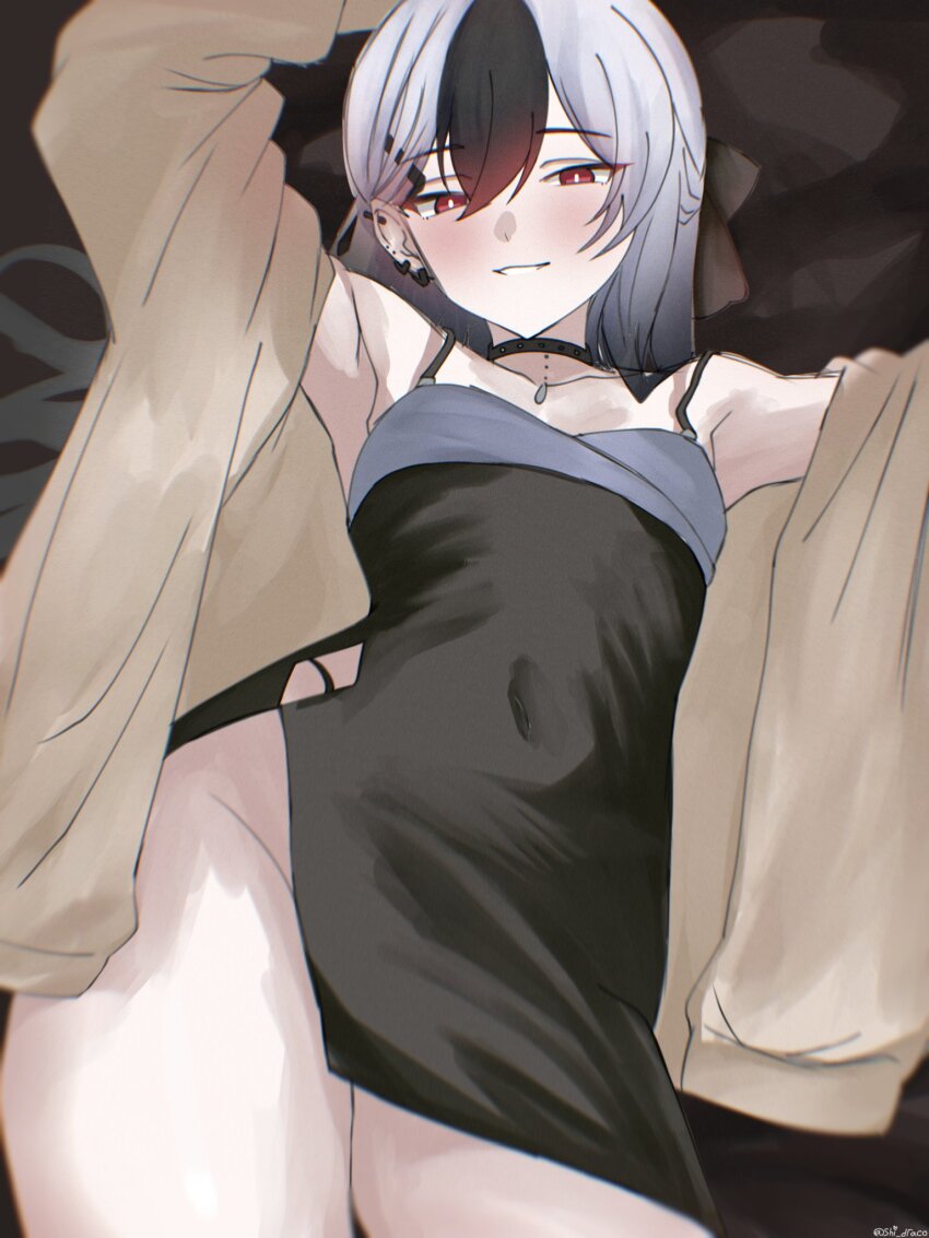 1girl arm_up black_choker black_dress black_hair blue_archive choker collarbone covered_navel cowboy_shot dress from_below grey_hair hair_between_eyes hashtag-only_commentary highres kayoko_(blue_archive) kayoko_(dress)_(blue_archive) light_blush looking_at_viewer multicolored_hair red_eyes shi_draco smile solo thighs