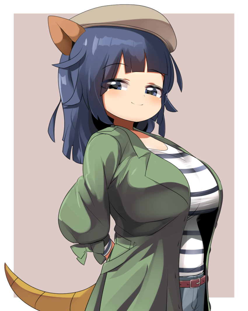 1girl armadillo_ears armadillo_tail arms_behind_back belt beret black_eyes black_shirt blunt_bangs blush breasts brown_belt brown_hat closed_mouth coat commentary_request cowboy_shot giant_armadillo_(kemono_friends) green_coat grey_background hat highres kemono_friends kemono_friends_3 large_breasts lets0020 looking_at_viewer medium_hair open_clothes open_coat shirt simple_background smile solo striped_clothes striped_shirt two-tone_background white_background white_shirt