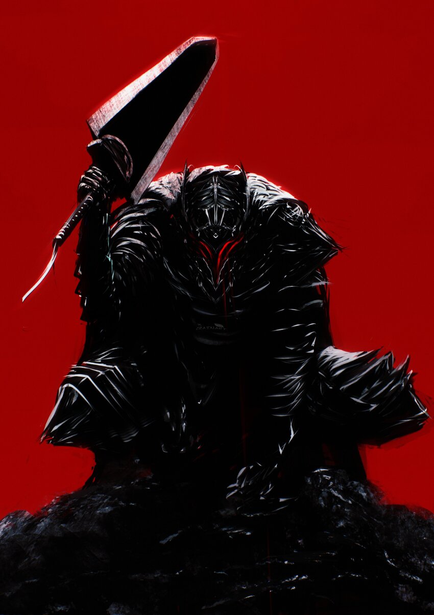 1boy absurdres armor berserk cape crain1art full_body guts_(berserk) highres holding holding_weapon huge_weapon red_background simple_background solo squatting sword weapon