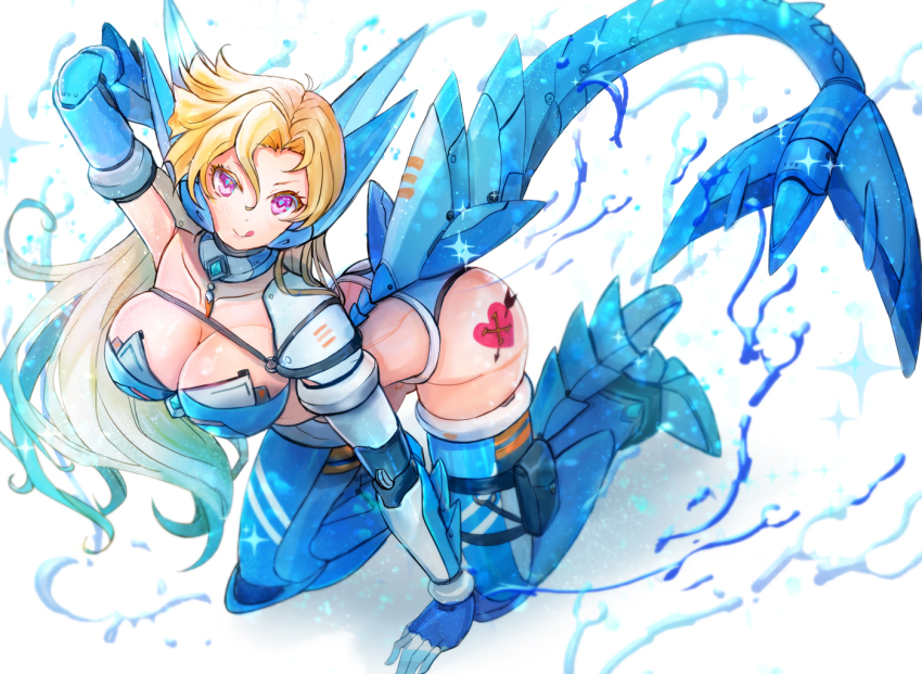 1girl ass_tattoo blonde_hair blue_tail blush breasts cleavage headgear heart heart_tattoo kiwakiwa large_breasts long_hair marty_(mega_man) mechanical_tail mega_man_(series) mega_man_x_(manga) mega_man_x_(series) purple_eyes robot_girl simple_background solo tail tattoo tongue tongue_out water white_background