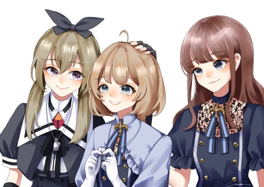 3girls ahoge amahara_nue arm_at_side arm_up assault_lily black_bow black_gloves black_ribbon black_shirt blue_eyes blue_ribbon blunt_bangs bow brown_hair closed_mouth commentary_request cropped_jacket elbow_gloves fingerless_gloves frilled_shirt frilled_sleeves frills futagawa_fumi gloves green_hair grey_shirt grin hair_between_eyes hair_bow hand_on_another&#039;s_head hands_up highres jewelry kaede_johan_nouvel long_hair long_sleeves looking_ahead looking_at_another looking_to_the_side low_ponytail low_twintails multiple_girls neck_ribbon necklace official_alternate_costume own_hands_together parted_lips pendant ponytail puffy_short_sleeves puffy_sleeves purple_eyes ribbon school_uniform shirt short_sleeves side-by-side sidelocks sideways_glance simple_background smile tearing_up twintails two-tone_ribbon two-tone_shirt underbust upper_body white_background white_gloves white_shirt yamanashi_hibari yurigaoka_girls_academy_school_uniform