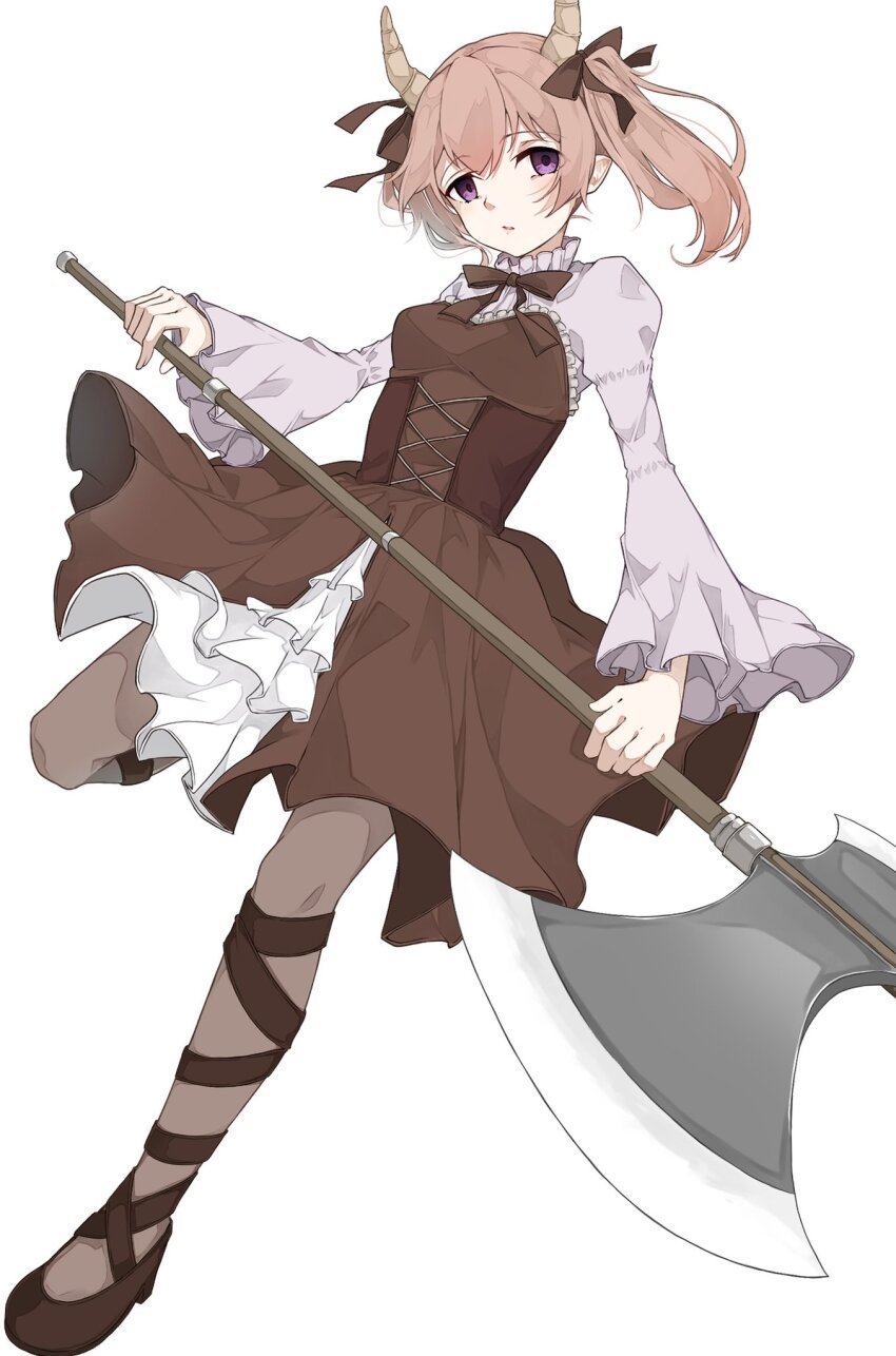 1girl axe breasts brown_dress brown_ribbon brown_shoes corset cross-laced_clothes cross-laced_corset demon_girl demon_horns double-sided_axe dress expressionless full_body gonza_(gonzares910) hair_ribbon hashtag-only_commentary highres holding holding_axe holding_weapon horns linie_(sousou_no_frieren) long_sleeves looking_at_viewer parted_lips pink_hair purple_eyes ribbon shirt shoes short_hair simple_background solo sousou_no_frieren twintails weapon white_background white_shirt