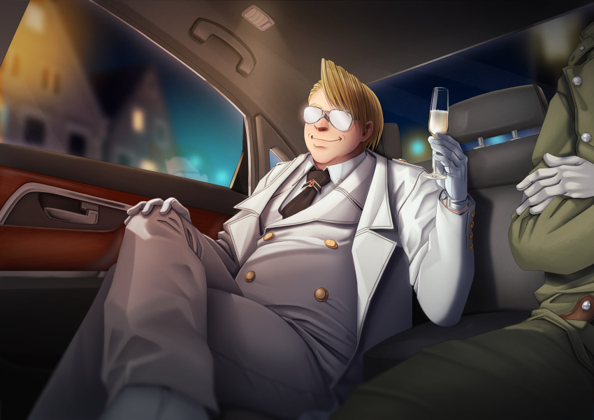 2boys blonde_hair captain_(hellsing) car car_crash car_interior coat cup drinking_glass fat fat_man glasses gloves grin hellsing highres major_(hellsing) majorette_(artist) male_focus military_uniform motor_vehicle multiple_boys nazi necktie obscured_eyes reflection short_hair smile solo_focus white_coat white_gloves wine_glass