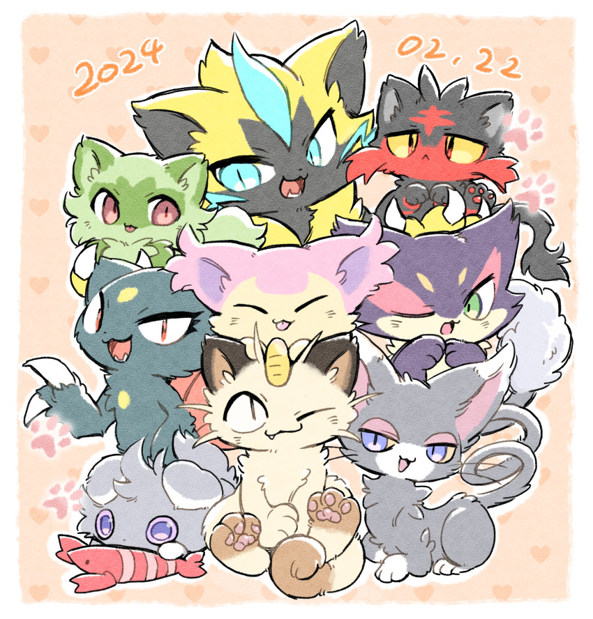 animal_focus blue_eyes cat claws closed_mouth colored_sclera espurr fang gen_1_pokemon gen_2_pokemon gen_3_pokemon gen_4_pokemon gen_5_pokemon gen_6_pokemon gen_7_pokemon glameow green_eyes highres legendary_pokemon litten meowth mythical_pokemon nekogusa nintendo no_humans open_mouth pawpads pink_eyes pokemon pokemon_(creature) purple_eyes purple_sclera purrloin red_eyes skitty smile sneasel sprigatito toy yellow_sclera zeraora