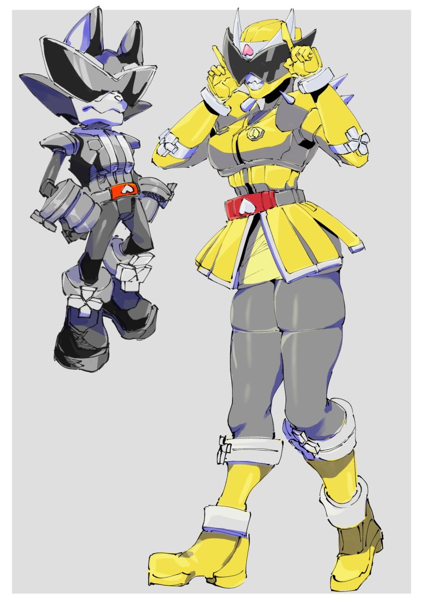 1boy 1girl animal_ears animification armored_skirt avataro_sentai_donbrothers belt black_bodysuit black_footwear black_gloves black_pants bodysuit boots breasts commentary_request dog_ears full_body gloves grey_background hand_on_own_hip highres horns ichitaka_(1015ichitaka) inubrother large_breasts oni oni_horns oni_sister pants rabbit_pose shiba_inu size_difference skirt stylistic sunglasses super_sentai tokusatsu yellow_boots yellow_gloves