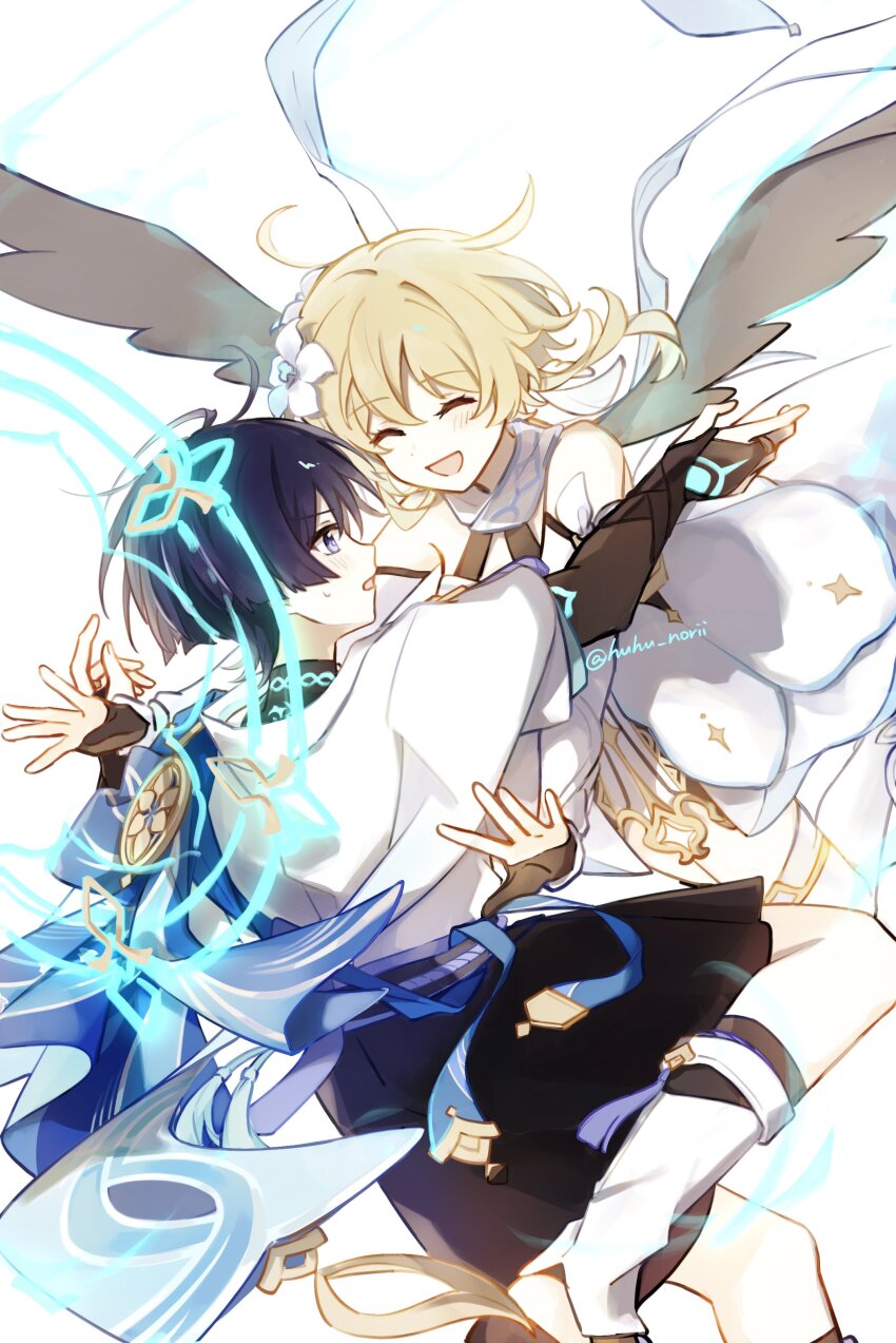 1boy 1girl absurdres armor belt black_belt black_bodysuit black_bridal_gauntlets black_gloves black_leggings black_sandals black_shorts blonde_hair blue_cape blue_halo blue_sleeves blue_trim bodysuit bridal_gauntlets cape closed_eyes detached_sleeves dress eyelashes facing_another fingernails flower furisode genshin_impact gloves glowing_markings gold_ring gold_trim grey_wings hair_flower hair_ornament hakama hakama_shorts halo halo_behind_head halterneck highres huhu_norii imminent_hug japanese_armor japanese_clothes kimono kote kurokote layered_sleeves leg_warmers leggings light_blush looking_at_another lumine_(genshin_impact) magic_circle middle_ring open_hands open_mouth outstretched_arms partially_fingerless_gloves pleated_shorts purple_rope purple_sash rope sandals sash scaramouche_(genshin_impact) scarf short_hair short_hair_with_long_locks short_sleeves shorts sidelocks stirrup_legwear tassel thighhighs toeless_legwear turtleneck turtleneck_bodysuit twitter_username vambraces wanderer_(genshin_impact) white_background white_dress white_flower white_kimono white_leg_warmers white_scarf white_sleeves white_thighhighs white_trim wings zouri