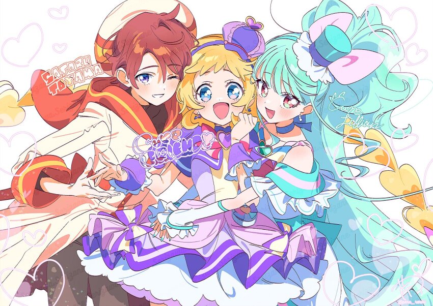 1boy 2girls aqua_bow aqua_hair aqua_sleeves arms_around_waist back_bow bare_shoulders beret black_pants black_shirt blonde_hair blue_bow blue_choker blue_eyes blue_hairband blue_hat blunt_bangs bow bow_choker bow_earrings bowtie braid bright_pupils brooch brown_eyes brown_hair capelet character_name choker clothing_cutout collared_capelet commentary cowboy_shot cure_friendy cure_lillian deerstalker dot_nose dress dress_bow earrings fingernails floating_clothes floating_hair frilled_arm_warmers frilled_headwear frilled_sleeves frilled_wrist_cuffs frills green_brooch grin group_hug hairband hand_up happy hat hat_bow hat_ornament heart heart_brooch heart_hat_ornament high_collar horizontal-striped_sleeve_cuffs hug inukai_iroha jewelry layered_sleeves light_blush long_dress long_hair long_sleeves looking_at_viewer low_twin_braids magical_boy magical_girl messy_hair mini_hat mini_top_hat multiple_girls nekoyashiki_mayu offering_hand_to_another one_eye_closed one_side_up open_mouth orange_sailor_collar orange_sleeve_cuffs outstretched_hand pants paru_rari petticoat pink_bow pink_bowtie pleated_dress precure purple_bow purple_brooch purple_capelet purple_dress purple_eyes purple_hairband purple_hat purple_wrist_cuffs robe sailor_collar shirt short_dress short_hair short_sleeves shoulder_cutout simple_background single_stripe smile sphere_earrings standing striped_bow striped_bowtie striped_clothes striped_sleeves symbol-only_commentary taking_another&#039;s_hand tareme top_hat toyama_satoru tsurime turtleneck turtleneck_shirt twin_braids very_long_hair wavy_hair white_arm_warmers white_background white_bow white_bowtie white_dress white_hat white_pupils white_robe wonderful_precure! wrist_cuffs