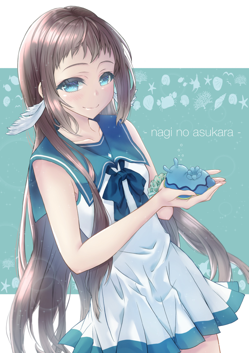 1girl absurdres aki_kakao blue_eyes blue_sailor_collar brown_hair copyright_name cowboy_shot dress highres long_hair looking_at_viewer mukaido_manaka nagi_no_asukara nami_junior_high_school_uniform sailor_collar sailor_dress school_uniform sea_slug serafuku sleeveless sleeveless_dress white_dress