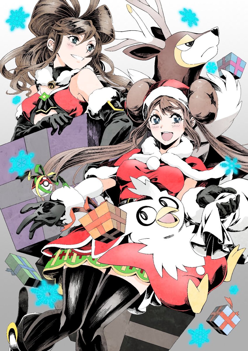 2girls black_gloves black_legwear blush box breasts brown_hair christmas commentary_request delibird double_bun eyelashes floating_hair gen_2_pokemon gen_5_pokemon gift gift_box gloves hair_bun hat highres hilda_(pokemon) holding holding_sack multiple_girls nintendo official_alternate_costume poke_ball poke_ball_(basic) pokemon pokemon_(creature) pokemon_bw pokemon_masters_ex rosa_(holiday_2019)_(pokemon) rosa_(pokemon) ryuusei_(trickster) sack santa_costume santa_hat sawsbuck sawsbuck_(winter) sidelocks smile snowflakes thighhighs twintails