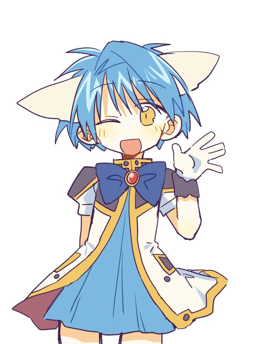 1girl ;d angel_wing_uniform animal_ears blue_dress blue_hair character_name cowboy_shot dress galaxy_angel gloves hand_up highres looking_at_viewer military_uniform mint_blancmanche nm_shirasu one_eye_closed open_mouth short_hair simple_background smile solo waving_arm white_background yellow_eyes