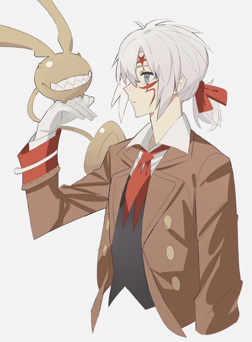 1boy allen_walker black_vest brown_coat coat collared_shirt creature_on_hand d.gray-man facial_mark george_man gloves golem_(d.gray-man) green_eyes grey_background grin hair_between_eyes hair_ribbon highres looking_at_another low_ponytail medium_hair ponytail red_ribbon ribbon scar scar_on_face sharp_teeth shirt short_ponytail sidelocks single_glove smile solo star_(symbol) star_facial_mark striped_coat tail teeth timcanpy trench_coat vest white_gloves white_hair white_shirt wings