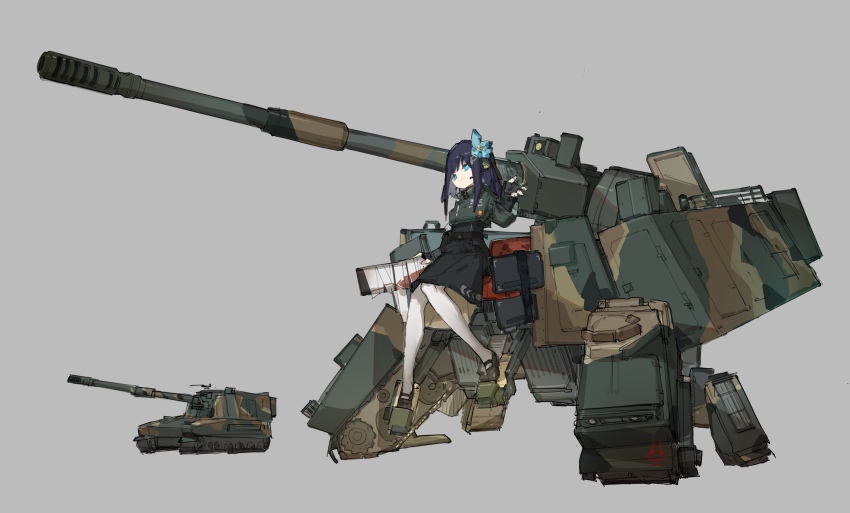 1girl absurdres black_hair black_skirt blue_eyes blue_ribbon cannon caterpillar_tracks fingerless_gloves frider gloves grey_background hair_ribbon headset highres k-9_thunder mecha mecha_musume military_vehicle motor_vehicle norwegian_army personification ribbon robot self-propelled_artillery skirt solo tachi-e vidar_(self-propelled_artillery) war_thunder