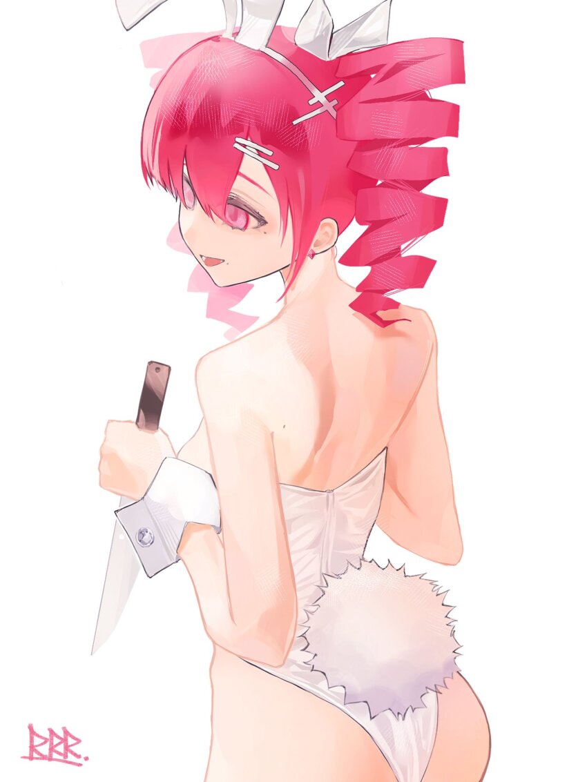 alternate_costume animal_ears ass breasts drill_hair fake_animal_ears fake_tail from_behind hair_ornament hairclip highres holding holding_knife kasane_teto knife leotard lewenxijian medium_breasts open_mouth playboy_bunny rabbit_ears rabbit_tail red_eyes red_hair simple_background strapless strapless_leotard tail twin_drills utau white_background white_leotard white_wrist_cuffs wrist_cuffs