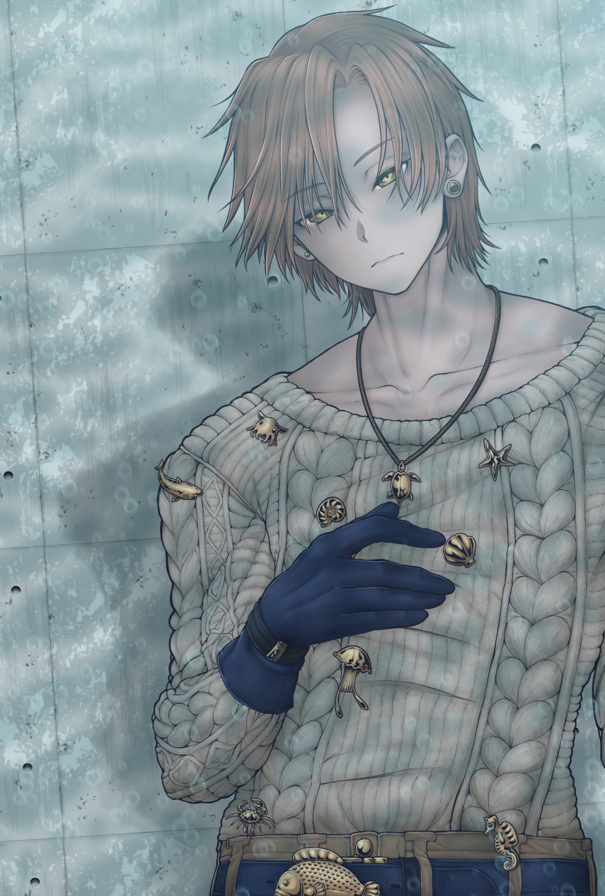 1boy air_bubble alternate_costume aran_sweater blue_gloves blue_pants brown_eyes brown_hair bubble cable_knit caustics cevio collarbone commentary_request contrapposto dutch_angle ear_piercing earrings frown gloves half-closed_eyes hand_on_own_chest head_tilt highres jewelry long_sleeves looking_at_viewer male_focus miazuma_sarin mismatched_earrings pants parted_bangs pendant piercing plug_(piercing) shadow shirt_tucked_in short_hair solo stud_earrings sweater takahashi_amato upper_body white_sweater