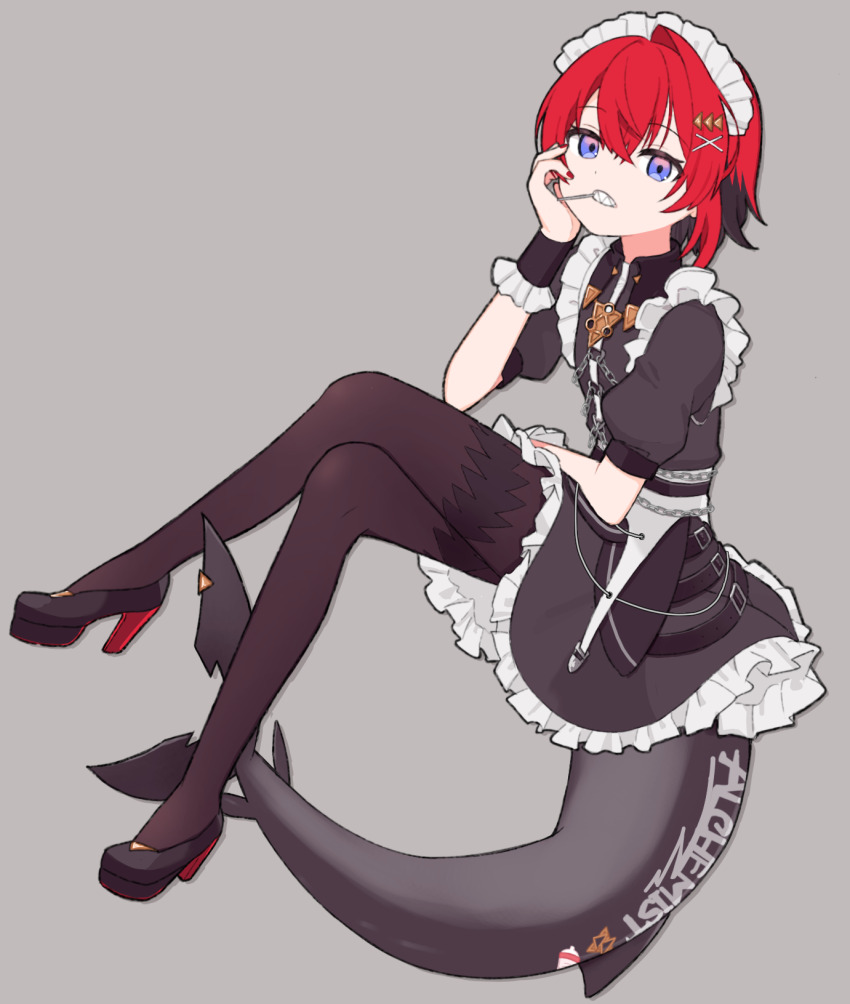 1girl adapted_costume ange_katrina arm_on_own_leg belt black_belt black_dress black_hair black_shoes black_wrist_cuffs blue_eyes brown_pantyhose candy chain colored_inner_hair commentary_request cosplay dot_nose dress drop_shadow ellen_joe ellen_joe_(cosplay) english_text fins fish_tail food food_in_mouth frilled_dress frilled_wrist_cuffs frills from_side full_body grey_background grey_tail hair_ornament hand_on_own_cheek hand_on_own_face high_heels highres lollipop looking_at_viewer maid_headdress multicolored_hair multiple_belts nail_polish nijisanji pantyhose puffy_short_sleeves puffy_sleeves red_hair red_nails shark_girl shark_tail sharp_teeth shoes short_dress short_hair short_sleeves simple_background sitting solo tail tail_tattoo teeth triangle_hair_ornament two-tone_hair virtual_youtuber white_headdress wrist_cuffs x_hair_ornament yuzuki_(yuduame) zenless_zone_zero