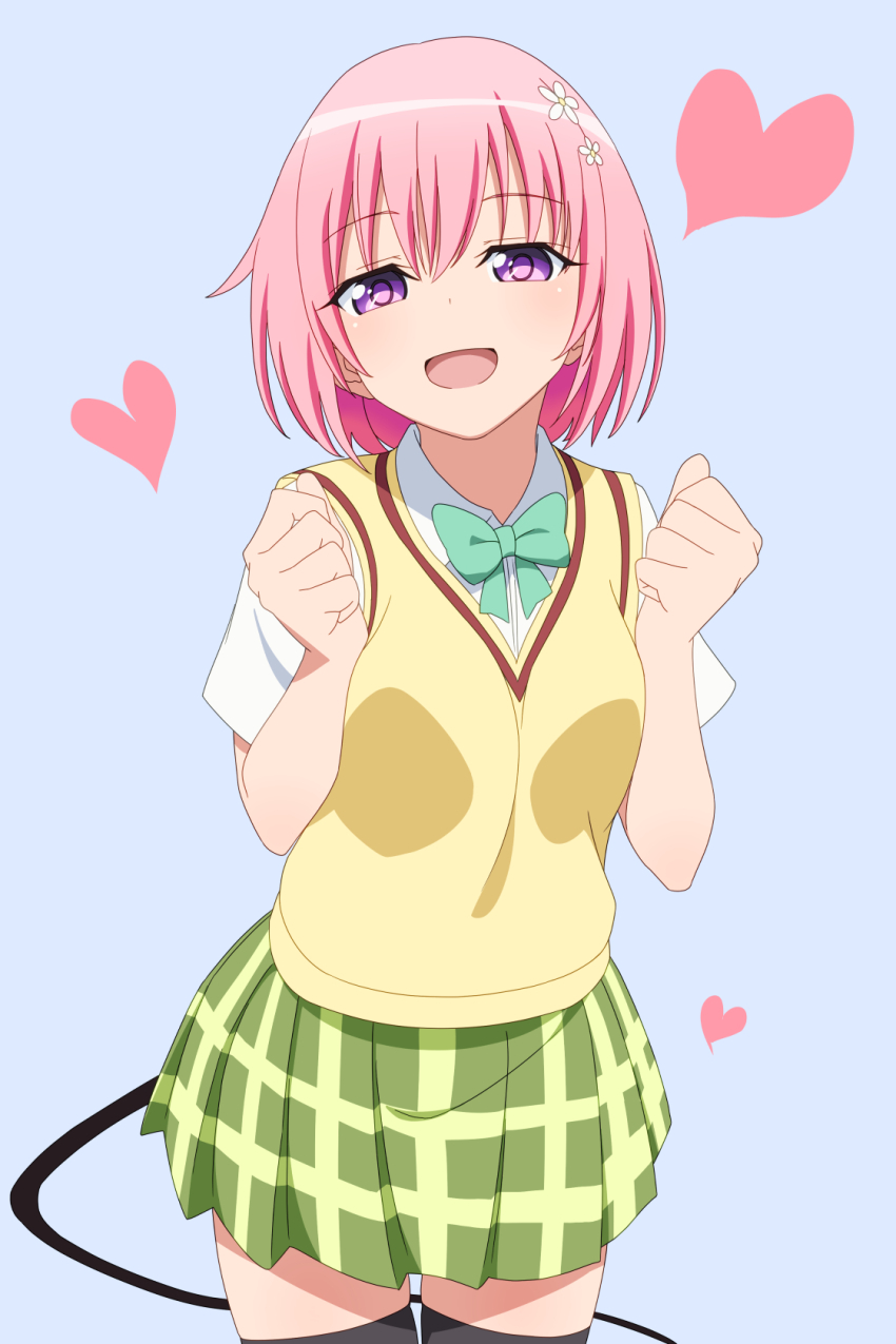 1girl :d anime_coloring baasaku_(balasaku24) black_thighhighs bow bowtie clenched_hands collared_shirt commentary_request cowboy_shot eyes_visible_through_hair flower green_bow green_bowtie green_skirt grey_background hair_between_eyes hair_flower hair_ornament hands_up happy heart highres medium_hair miniskirt momo_velia_deviluke open_mouth pink_hair plaid_clothes plaid_skirt pleated_skirt purple_eyes sainan_high_school_uniform school_uniform shirt short_sleeves simple_background skirt smile solo sweater_vest thighhighs to_love-ru white_flower white_shirt yellow_sweater_vest zettai_ryouiki