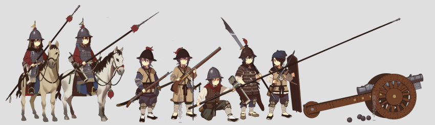 6+girls antique_firearm armor arquebus arrow_(projectile) bow_(weapon) brigandine_(armor) cannon cannonball carriage cavalry chinese_armor chinese_clothes chinese_empire fangdan_runiu firearm firelock flag full_armor grey_background guan_dao gun helmet highres holding holding_polearm holding_weapon horseback_riding jitome lamellar_armor matchlock ming_dynasty multiple_girls original polearm quiver riding saddle saddle_blanket sheath sheathed shield simple_background spear stirrups_(riding) surcoat sword tassel vest weapon wide_brim