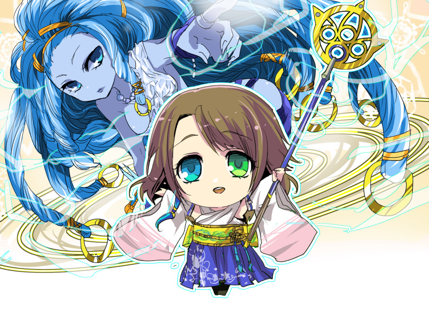 2girls blue_eyes blue_hair blue_skin brown_hair chibi colored_skin detached_sleeves final_fantasy final_fantasy_x green_eyes dreadlocks hakama hakama_skirt heterochromia highres japanese_clothes long_hair multiple_girls obi pointing sadahara_inako sash shiva_(final_fantasy) short_hair skirt staff yuna_(ff10)