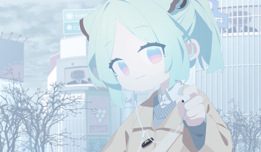 1girl :3 absurdres aimpoleume animal_ears blue_archive blue_eyes blue_hair blue_halo brown_coat closed_mouth coat collared_shirt commentary_request dress_shirt earbuds earphones grey_sweater halo highres long_sleeves looking_at_viewer medium_hair multicolored_eyes no_nose outdoors parted_bangs pink_eyes shigure_(blue_archive) shirt short_twintails single_earphone_removed smile solo sweater twintails two-tone_eyes upper_body weasel_ears white_shirt